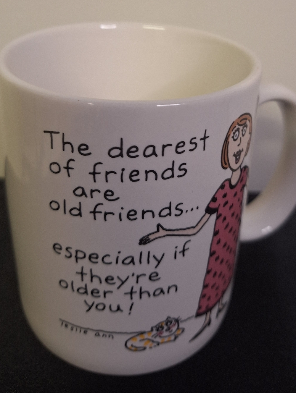 White Ceramic Friendship Quote Mug with Pink Dress Illustration